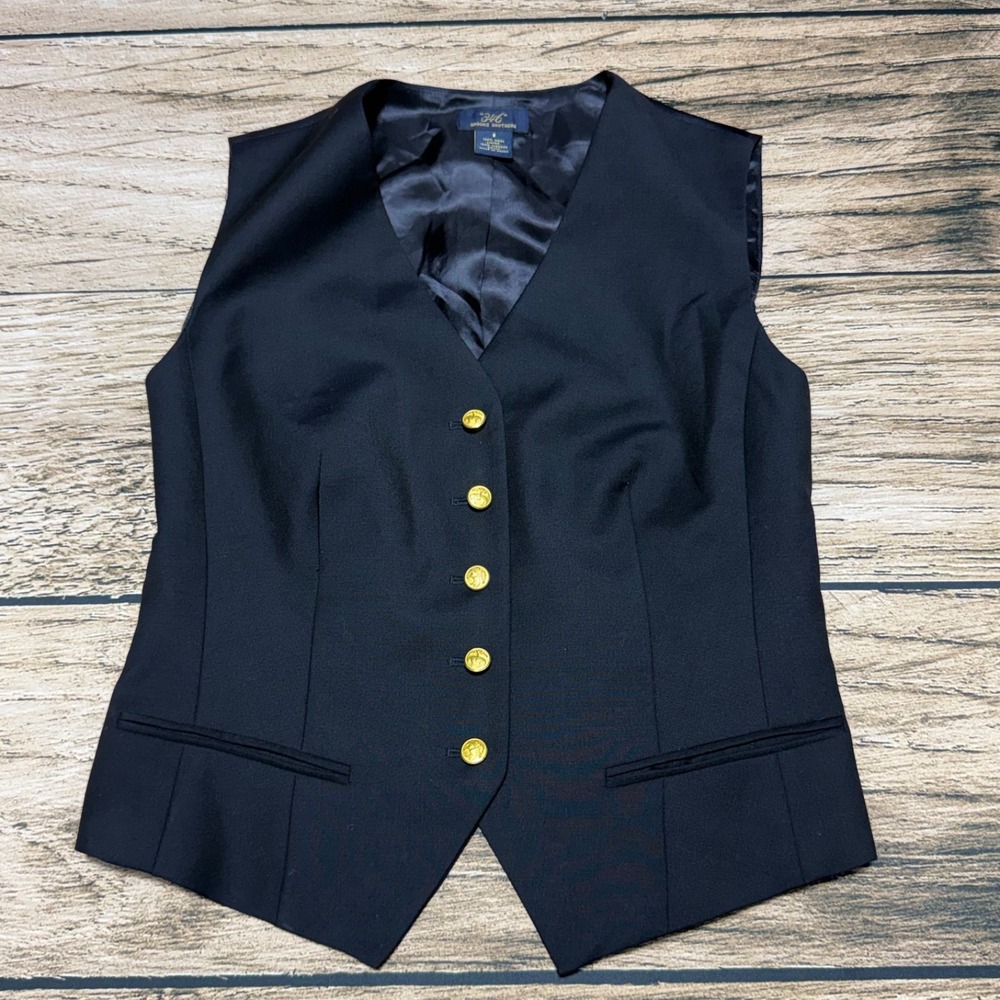 Brooks Brothers 346 Loro Piana Vest Womens 8 Navy Blue Suit Gold Buttons Luxury
